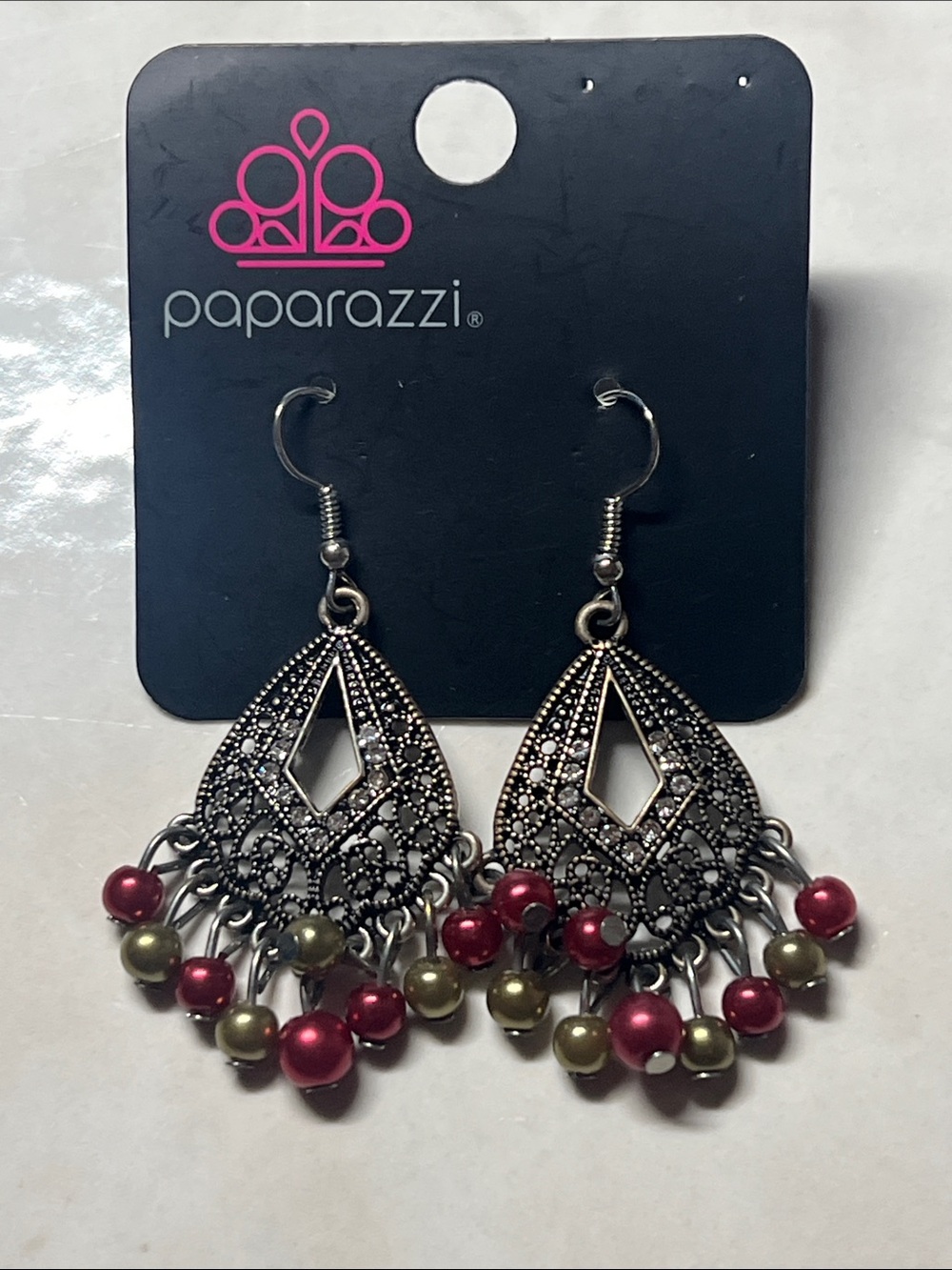 Paparazzi Red and Olive Beaded Filigree Chandelier Earrings